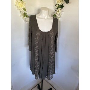 World Market Grey‎ Mini Flare Dress Tunic Women S/M Lace Accents Long Sleeve Vtg
